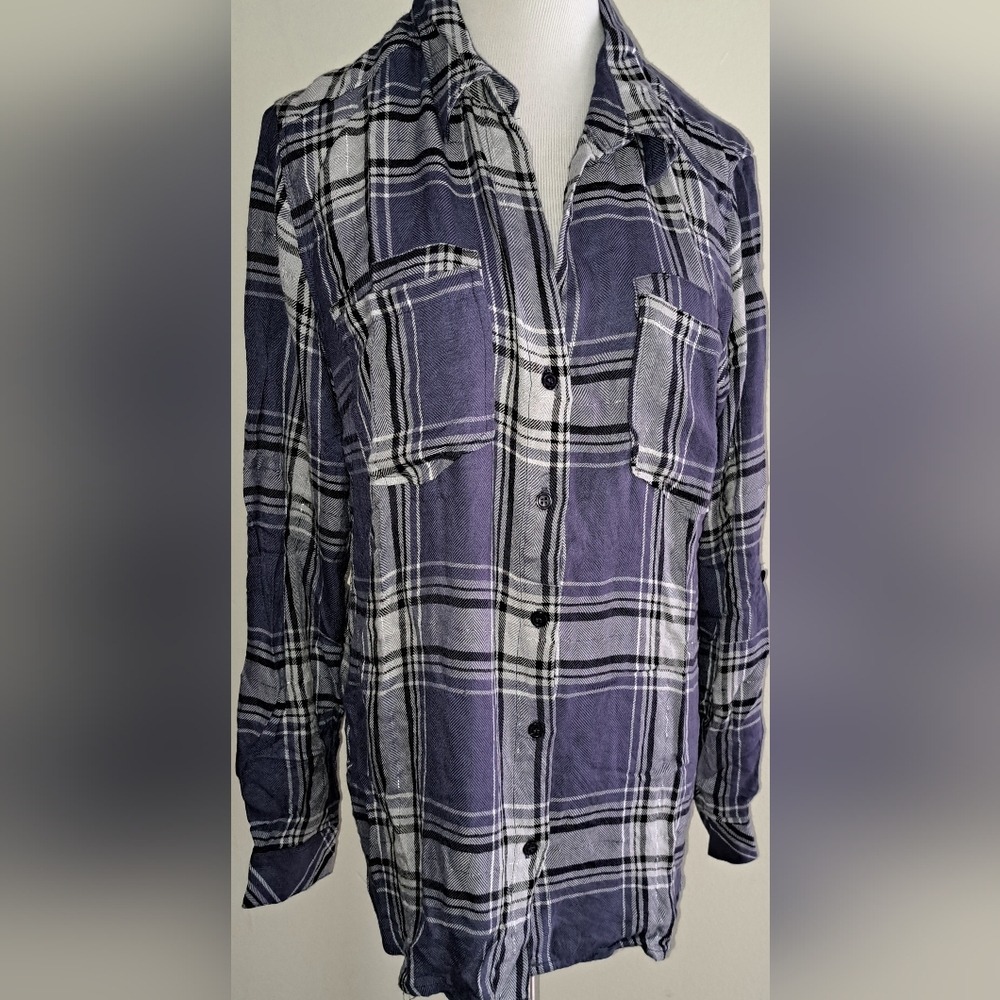 KUT from the Kloth Blue Plaid Metallic Shimmer Button Down Shirt Large - Picture 1 of 7
